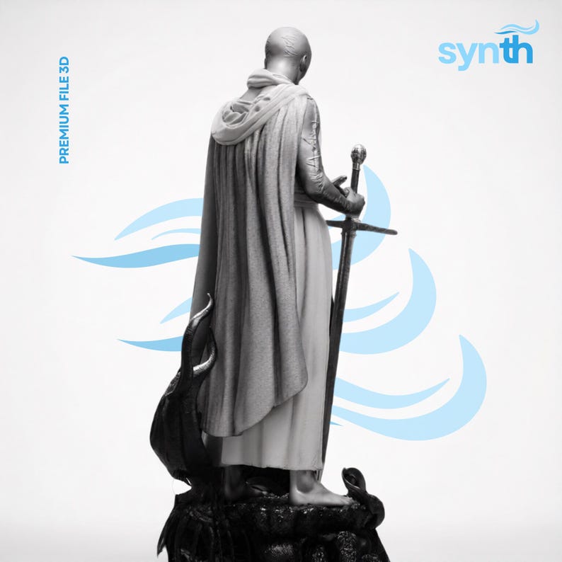 May include: A grayscale 3D-printed figurine of a robed figure holding a sword, standing on a rocky base with a snake. The figure is turned away from the viewer, with a flowing cape and hood. The text "PREMIUM FILE 3D" is on the left.