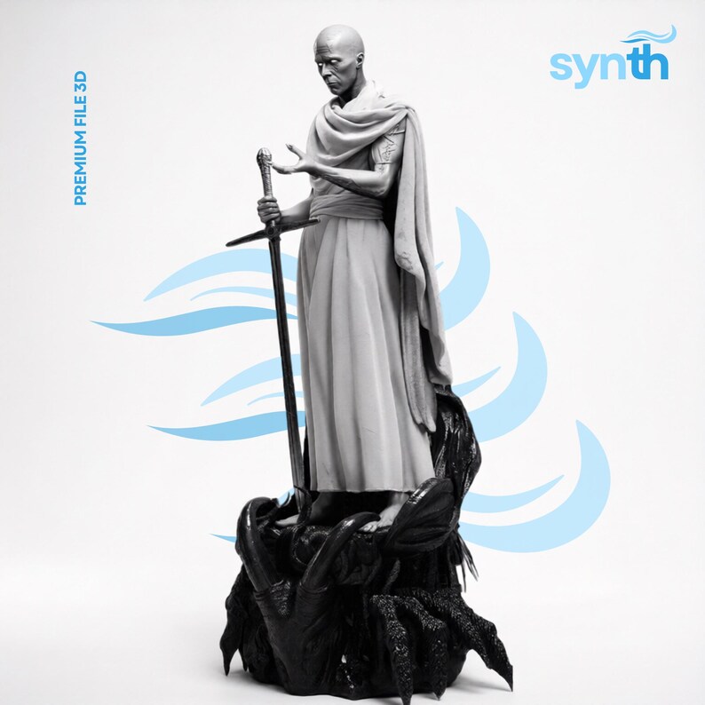 May include: A grayscale 3D-printed statue of a robed figure holding a sword, standing atop a dark, textured base. The figure has a bald head and is draped in flowing fabric. The image includes the text "PREMIUM FILE 3D" and the word "synth".