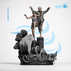 May include: A grayscale sculpture depicting two figures in a dynamic pose, standing atop wooden posts. The sculpture features intricate details, including a wave, a snake, and the text "The Karate Kid". The word "synth" is also visible.