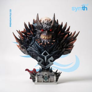 May include: A detailed 3D-printed bust of a monstrous creature with red eyes, sharp teeth, and spiky protrusions. The sculpture is predominantly dark gray and black with red and brown accents. The base features architectural details. Text on the left reads "PREMIUM FILE 3D".