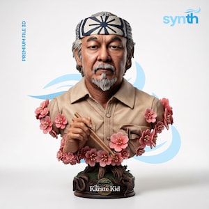 May include: 3D-printed bust of Mr. Miyagi from The Karate Kid, featuring a tan shirt, a headband, and a gray beard. Pink flowers adorn the shoulders. The base reads "The Karate Kid."