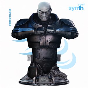 May include: A 3D bust of a bald character with a scarred face, wearing dark, weathered armor with shoulder plates and gauntlets. The figure is posed with fists together at the chest. The base features the text "BAD BATCH" and "PREMIUM FILE 3D".