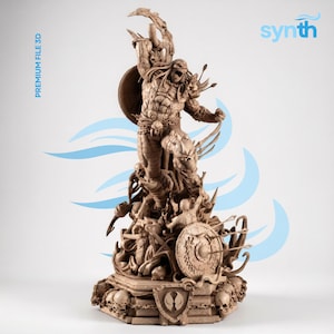May include: A detailed, beige-colored statue of a warrior figure, holding a shield and weapon, atop a base with skulls and other figures. The statue has intricate details and is set against a white background with blue wave-like designs. The text "PREMIUM FILE 3D" is visible.