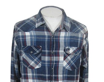 Desert Son vintage Men western shirt l/s p2p 25.5" plaid pearl snap blue cotton