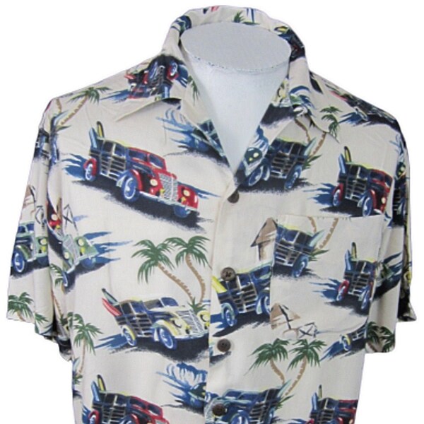 UTILITY Men Hawaiian ALOHA shirt pit to pit 23 rayon vintage woody wagon Small