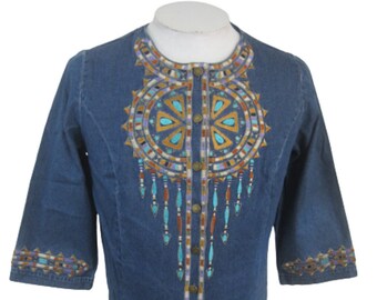 Bob Mackie Wearable Art Womens shirt embroidered denim hippie festival boho sz M