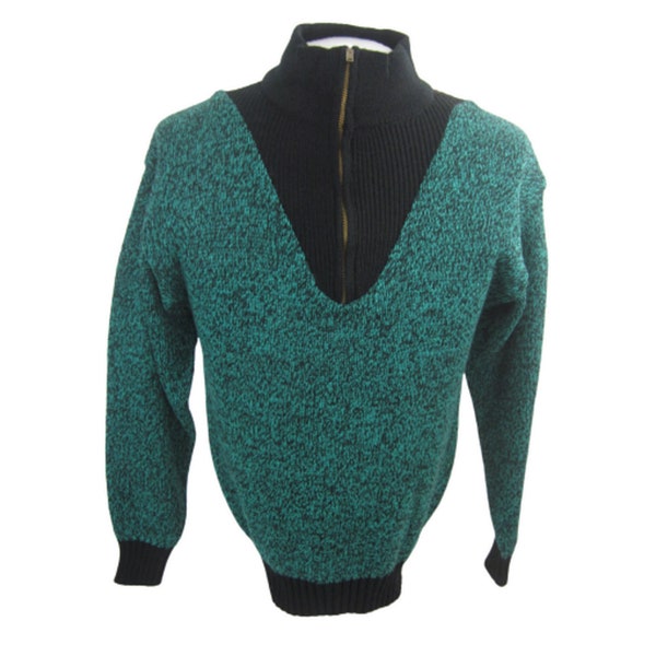 Wayne Scott vintage 1980s Men Sweater sz S black teal zip new wave shrink waist