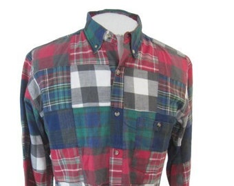 Orvis vintage Men shirt  long sleeve pit 2 pit 22.5 sz L patchwork plaid madras green red