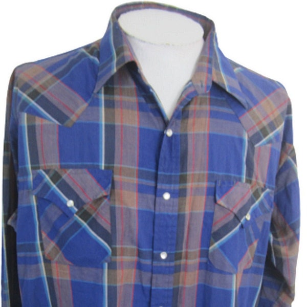 Ely Cattleman Men shirt WESTERN long sleeve p2p 28.5" plaid pearl snaps vtg blue