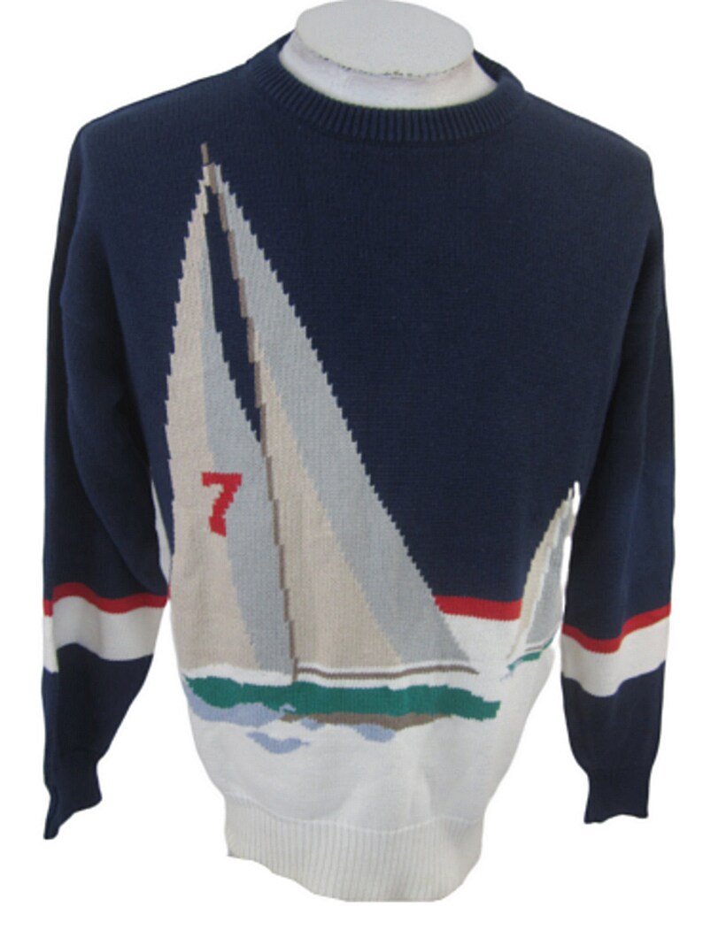 Pringle Mens Sweater vintage 1970s sailboat regatta pullover size large drop shoulder