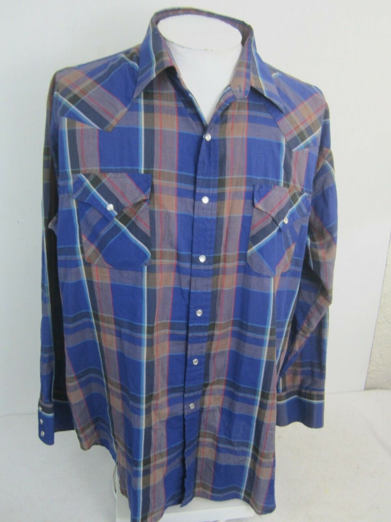 Ely Cattleman Men shirt WESTERN long sleeve p2p 28.5 plaid pearl snaps vtg blue image 3