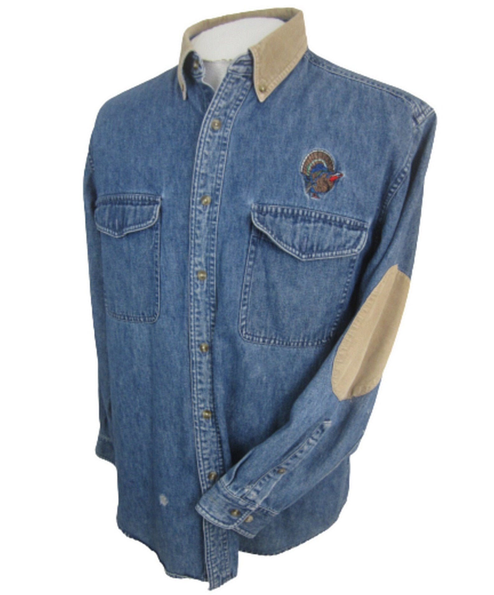 Reel Legends Men Shirt Long Sleeve Denim Elbow Patch Embroidered VTG M