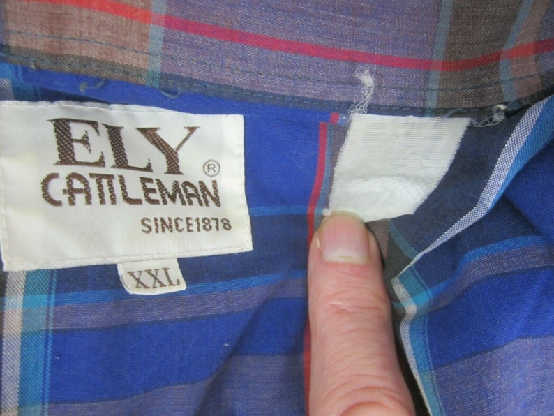 Ely Cattleman Men shirt WESTERN long sleeve p2p 28.5 plaid pearl snaps vtg blue image 10