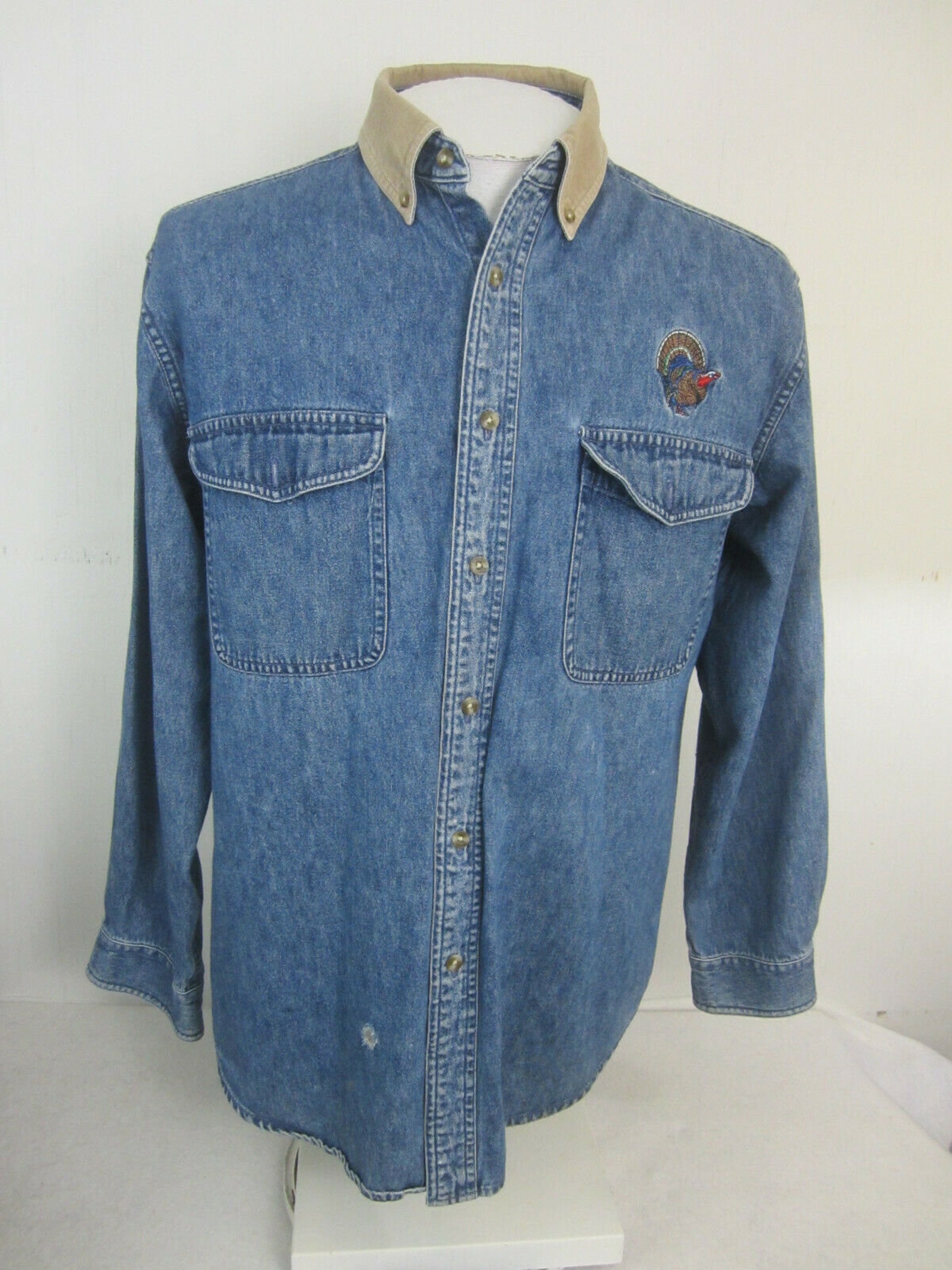 Reel Legends Men Shirt Long Sleeve Denim Elbow Patch Embroidered VTG M