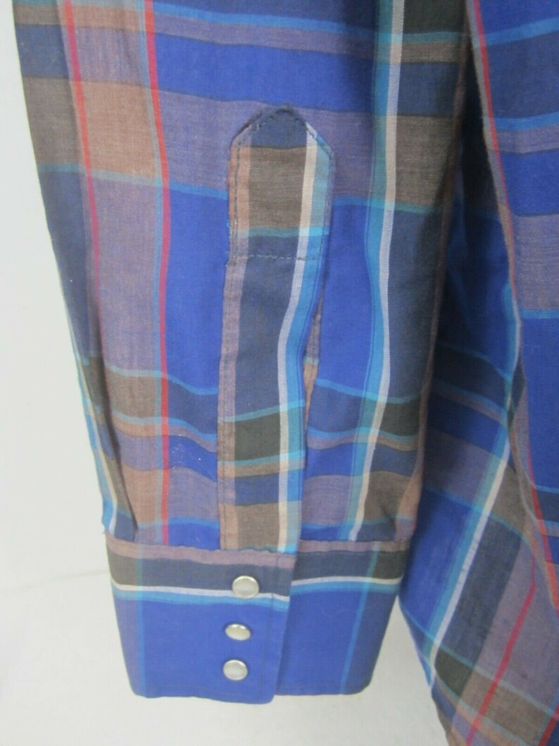 Ely Cattleman Men shirt WESTERN long sleeve p2p 28.5 plaid pearl snaps vtg blue image 8