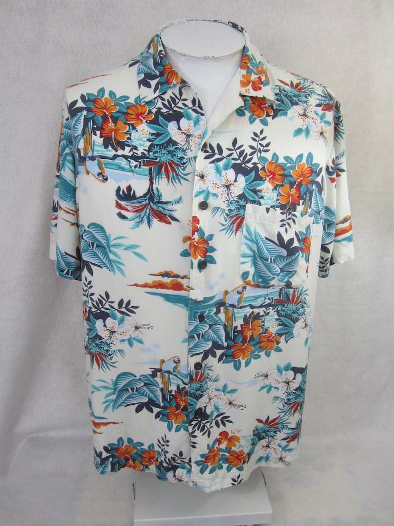 Men Tropical Hawaiian Aloha Shirt Cruise Luau Beach Party Blue Scenic View Palm
