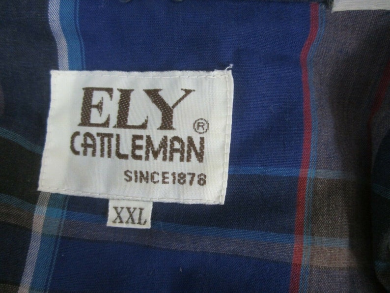 Ely Cattleman Men shirt WESTERN long sleeve p2p 28.5 plaid pearl snaps vtg blue image 9