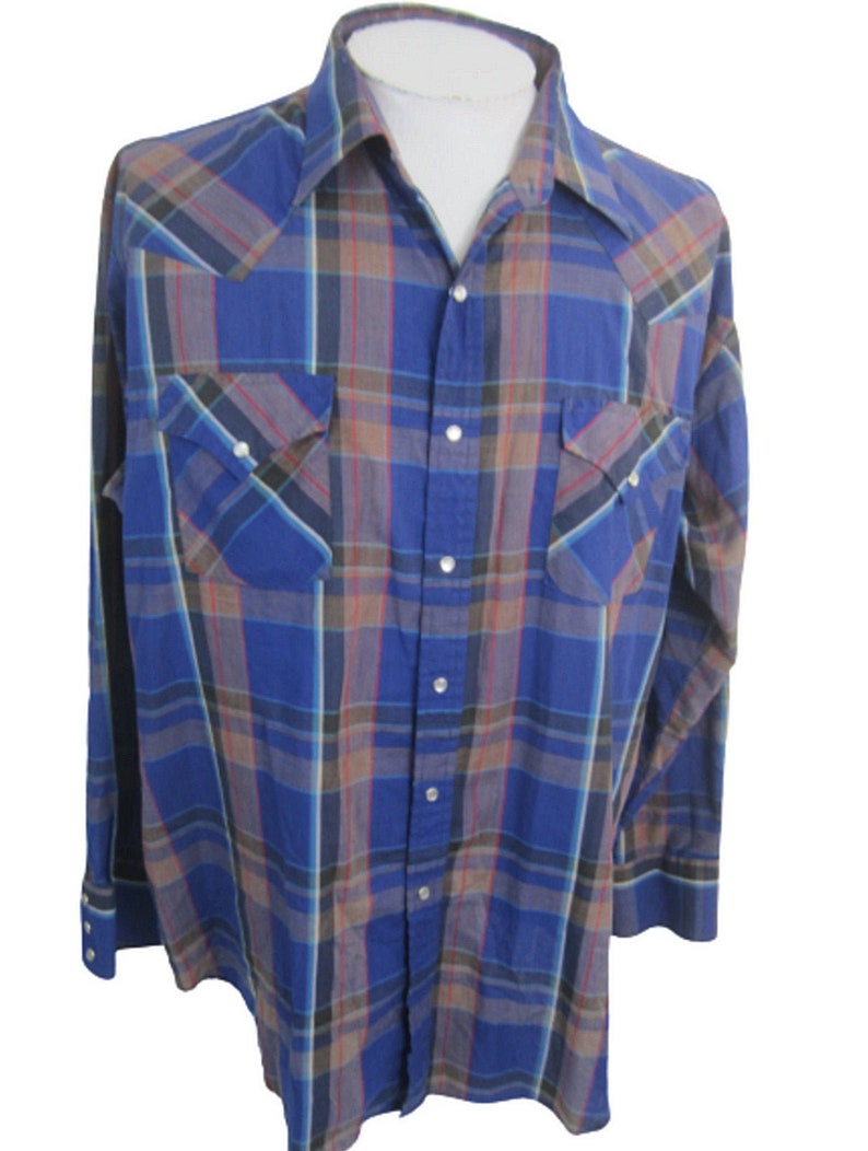 Ely Cattleman Men shirt WESTERN long sleeve p2p 28.5 plaid pearl snaps vtg blue image 1