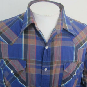 Ely Cattleman Men shirt WESTERN long sleeve p2p 28.5 plaid pearl snaps vtg blue image 4