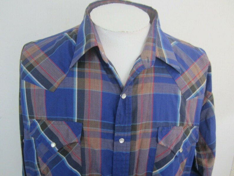 Ely Cattleman Men shirt WESTERN long sleeve p2p 28.5 plaid pearl snaps vtg blue image 4