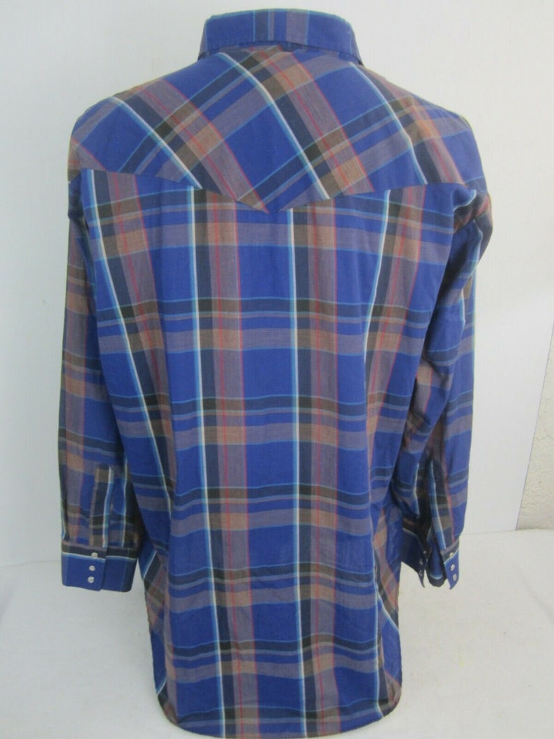 Ely Cattleman Men shirt WESTERN long sleeve p2p 28.5 plaid pearl snaps vtg blue image 7