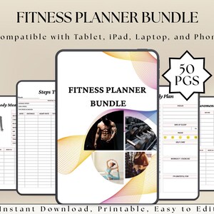 Può includere: Un pacchetto di pianificatore di fitness digitale con il testo "FITNESS PLANNER BUNDLE" e "Compatible with Tablet, iPad, Laptop, and Phone". Il pianificatore include 50 pagine ed è facile da modificare.
