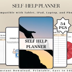 Può includere: Un pianificatore di auto-aiuto digitale con il titolo "SELF-HELP PLANNER", compatibile con tablet, iPad, laptop e telefono. Il pianificatore ha 54 pagine ed è facile da modificare e stampare.
