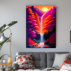 Può includere: Un vivace dipinto di paesaggio raffigura una cascata che si riversa in una piscina serena. L'opera presenta un tramonto con un cielo arancione e giallo brillante, e le montagne e gli alberi circostanti sono dipinti in tonalità di rosa, viola e rosso.