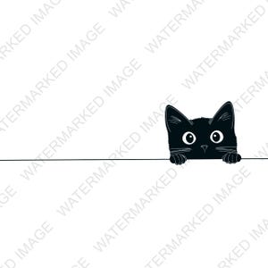 Könnte beinhalten: Eine minimalistische Illustration einer schwarzen Katze, die über eine horizontale Linie schaut. Der Kopf und die Pfoten der Katze sind sichtbar, mit großen, runden weißen Augen und spitzen Ohren. Der Hintergrund ist weiß.