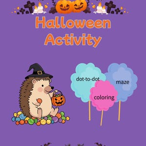 以下が含まれることがあります： カボチャ、コウモリ、墓石が描かれた紫色のハロウィーンアクティビティグラフィック。魔女の帽子をかぶったハリネズミがジャック・オー・ランタンを持っています。「ハロウィーンアクティビティ」という言葉と、点つなぎ、迷路、塗り絵などのアクティビティの提案が含まれています。