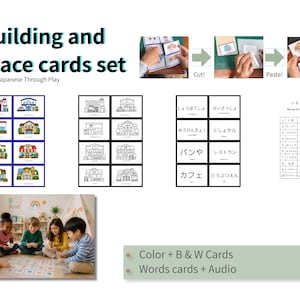 以下が含まれることがあります： 日本語学習用の教育カードセット。建物や場所のカラフルなイラストと白黒イラスト、単語カード、音声ガイドが含まれています。子供たちがカードで遊んでいる様子が描かれています。カードのテキストは日本語です。