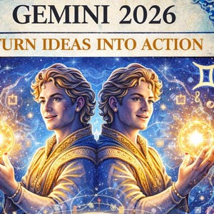 Könnte beinhalten: Eine Astrologiekarte für Zwillinge 2026 mit dem Text "IDEEN IN AKTION UMSETZEN". Das Bild zeigt zwei Figuren, die leuchtende Kugeln über einem Globus halten, vor einem Sternenhintergrund. Die Karte enthält Ratschläge für Karriere, Geld und Liebe.