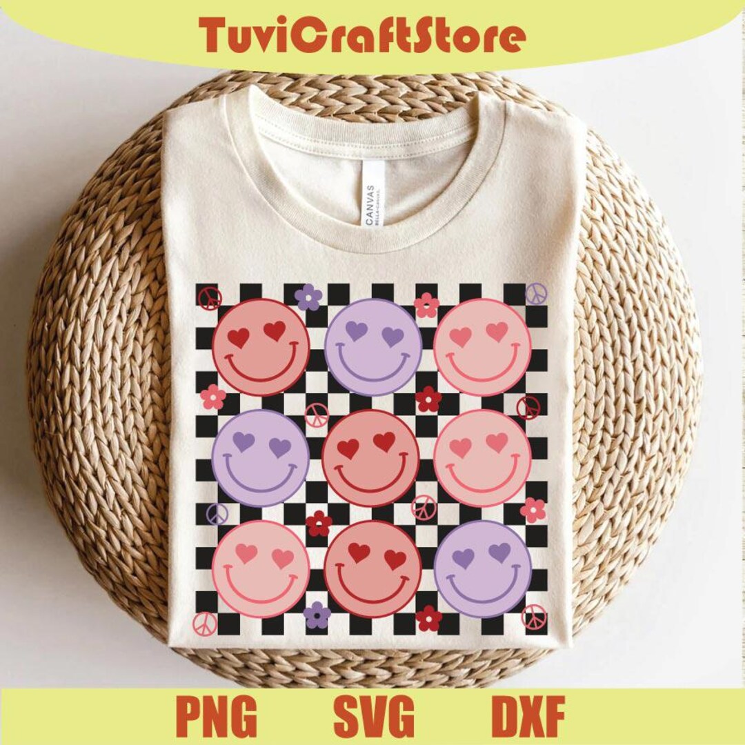 Checkerred Heart Eyes Smiley Face Svg Cute Valentines Day Png Retro ...