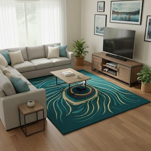 Könnte beinhalten: Ein türkisfarbener Teppich mit Pfauenfedermuster in einem Wohnzimmer. Der Teppich hat ein zentrales Augendesign mit türkisfarbenen und goldenen Federdetails. Der Raum umfasst ein graues Ecksofa, einen Couchtisch aus Holz und eine TV-Konsole.
