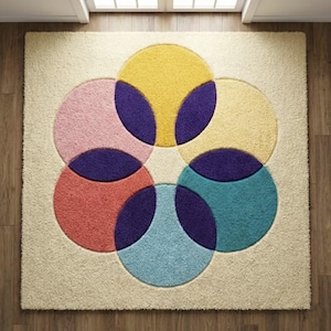 May include: A cream-coloured area rug featuring a pattern of overlapping circles in various colours. The circles include yellow, pink, red, teal, and light blue, with purple accents. The rug is rectangular and has a soft, plush texture.