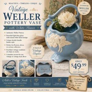 May include: A light blue Weller pottery vase with a double handle basket design and a raised white floral pattern. The vase features a scalloped rim and a pedestal base. A single white flower is placed inside the vessel. The word Weller is embossed on the underside of the base.