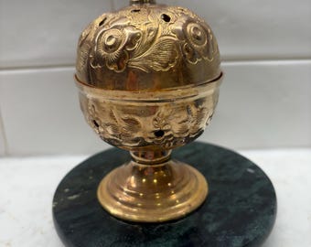 Vintage French Brass Incense Burner Censer - Floral Embossed Hinged Dome - Marque Deposee Rooster Mark - Pedestal - 4.5" - 1930s