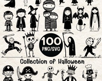 Halloween Clipart Bundle | 100 Spooky Characters, Witch, Skeleton (SVG PNG)