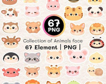 Cute Animal Face Clipart Bundle | Animal Head PNG | 67 Elements