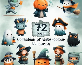 Watercolor Halloween Clipart PNG | 72 Spooky Characters (Digital Download)
