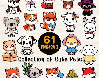 61 Kawaii Pets Clipart PNG SVG – Animal Sticker T-shirt Design (Instant Download)