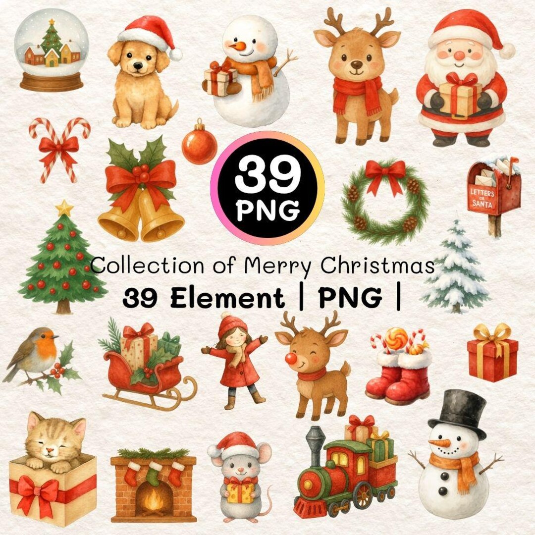 Watercolor Christmas Clipart | 39 PNG Bundle, Santa, Reindeer (digital ...