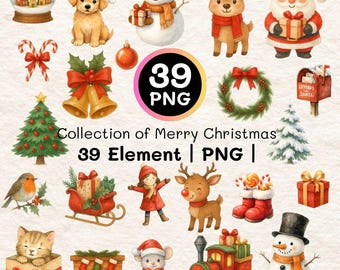 Watercolor Christmas Clipart | 39 PNG Bundle, Santa, Reindeer (Digital Download)