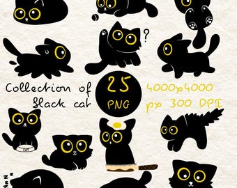 Black Cat Clipart Bundle | 25 PNG Kitten Stickers, Yellow Eyes (Instant Download)