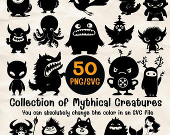 Mythical Creatures Clipart Bundle | 50 Monster Silhouettes (SVG, PNG)