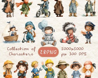 Watercolor Kids Character Clipart Bundle | 28 PNG Files (Digital Download)