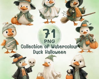 Watercolor Halloween Duck Clipart PNG | 71 Spooky Characters (Digital Download)