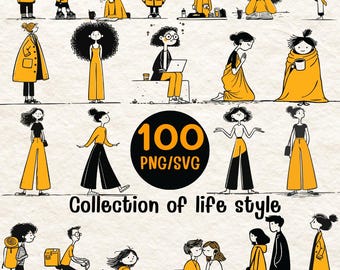 Life Style Clipart Bundle SVG PNG | 100 Doodle Woman Character Clipart |