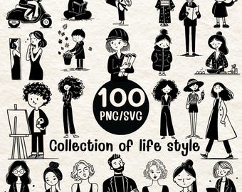 100 Lifestyle Girl Clipart Bundle | Minimalist Black White Female Illustrations (PNG SVG)