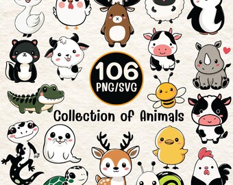 Kawaii Animal Clipart Bundle | 106 PNG/SVG Files (Digital Download)